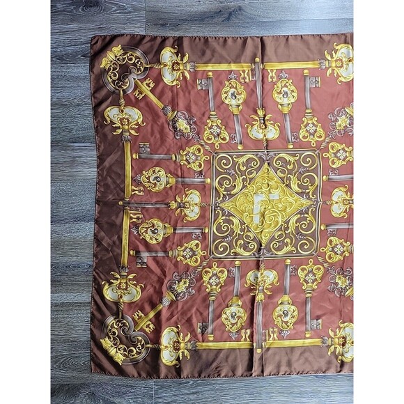Lancel Rolled Hem Silk Scarf Decorative Scroll Keys Brown Square 34" x 34.5" - Picture 2 of 7